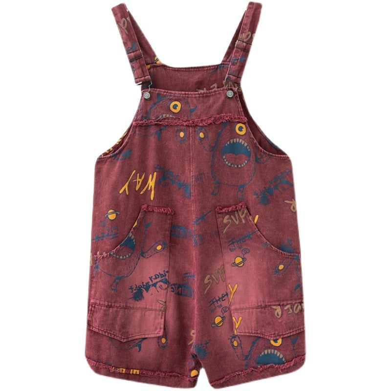 Short en jean ample à bretelles imprimé mode rétro pour femme