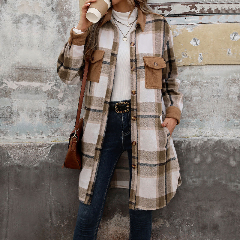 Nuevo Abrigo Largo de Cuadros Cepillado con Bolsillos Chaqueta de Invierno de Moda Ropa de Abrigo para Mujer