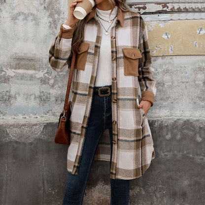 Nuevo Abrigo Largo de Cuadros Cepillado con Bolsillos Chaqueta de Invierno de Moda Ropa de Abrigo para Mujer