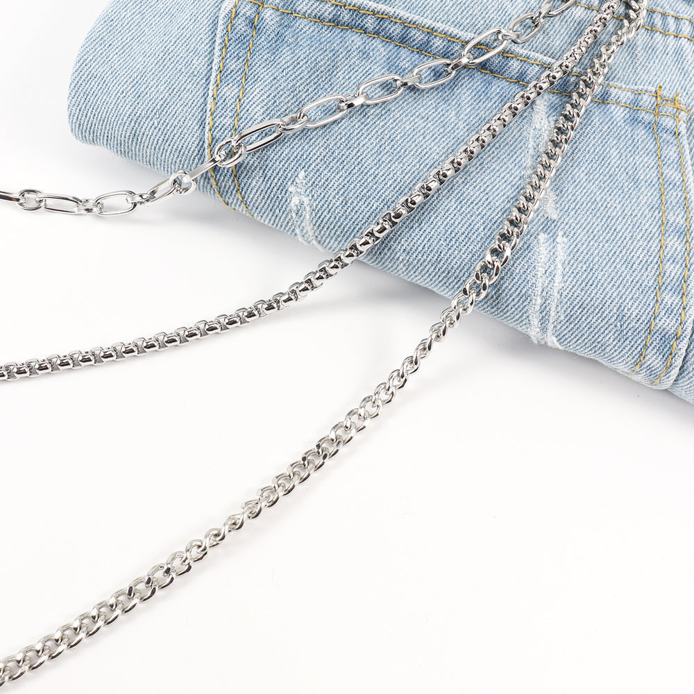 New European And American Style Pants Chain Men And Women Three-layer Silver Personality Chain With Jeans Punk Hip Hop Accessories