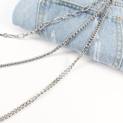 New European And American Style Pants Chain Men And Women Three-layer Silver Personality Chain With Jeans Punk Hip Hop Accessories