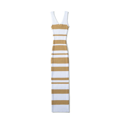 European And American Hot Girl Double V-neck Color Sleeveless Knitted Dress Intellectual Elegant Skinny Sheath