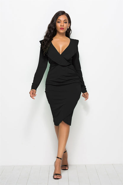 Sexy V-neck Ruffled Long-sleeve Hip Dress Women Girl Fashion