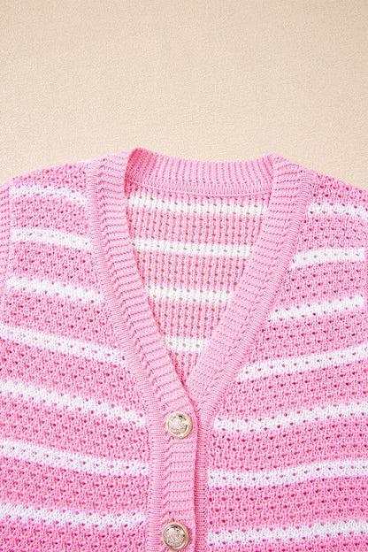 Stripe Buttoned V-Neck Sweater Knit Top