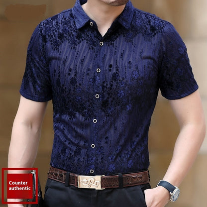 Short Sleeve Hollow Men's Shirt Flocking Embroidered Shirt