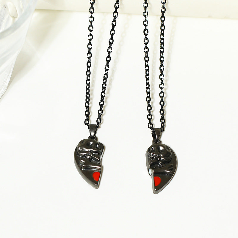 Pendentif Crâne Rétro Punk Collier d'Halloween Crâne d'Amour Magnétique en Forme de Cœur Collier de Couple