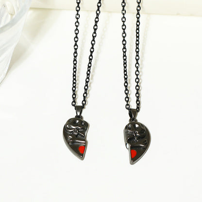 Pendentif Crâne Rétro Punk Collier d'Halloween Crâne d'Amour Magnétique en Forme de Cœur Collier de Couple