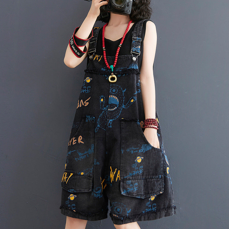 Short en jean ample à bretelles imprimé mode rétro pour femme