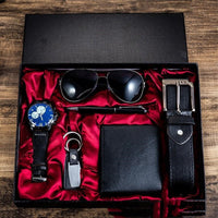 Coffret cadeau de luxe pour homme, 6 pièces : lunettes de soleil, ceinture, montre, portefeuille.