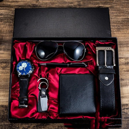 Coffret cadeau de luxe pour homme, 6 pièces : lunettes de soleil, ceinture, montre, portefeuille.