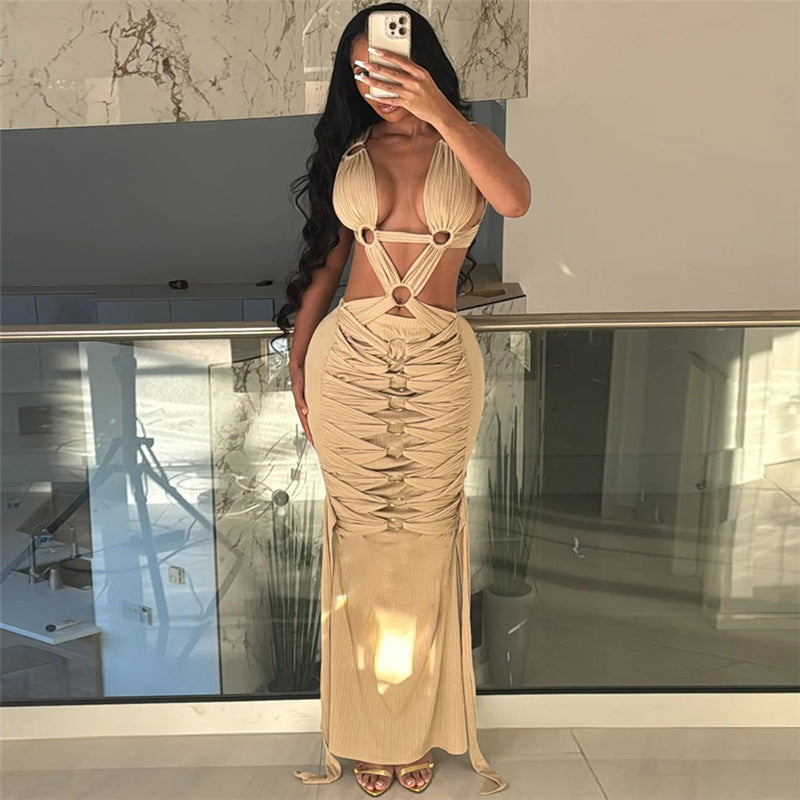 Vestido Tubo Ajustado de Cintura Alta con Cordones, Rasgado y Calado, Sexy, de Chica Caliente, Estilo Europeo y Americano