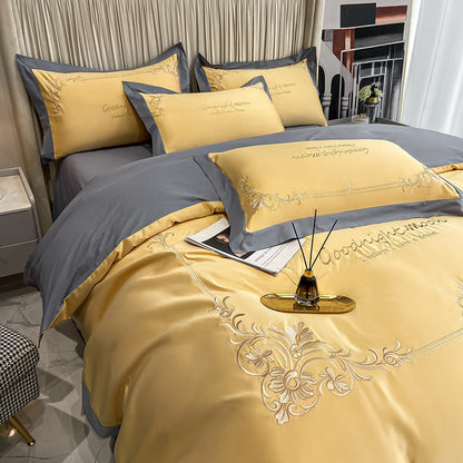 Juego de ropa de cama de cuatro piezas de algodón puro y seda lavada bordada