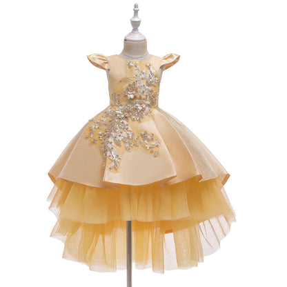 Robe de princesse à manches courtes brodée pour spectacle de piano, costume de mariage, robe de demoiselle d'honneur