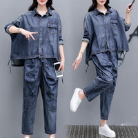 Loose Plus Size Distressed Denim Harem Pants Two-piece Women