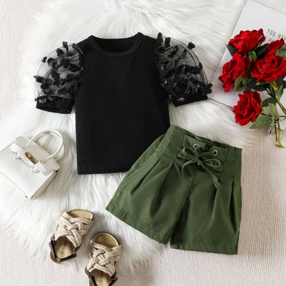 Summer Mesh Three-dimensional Petals Short Sleeve Shorts For Girls Suit