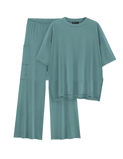 Casual Short Sleeve Pullover Top Wide Leg Pants Casual Suit