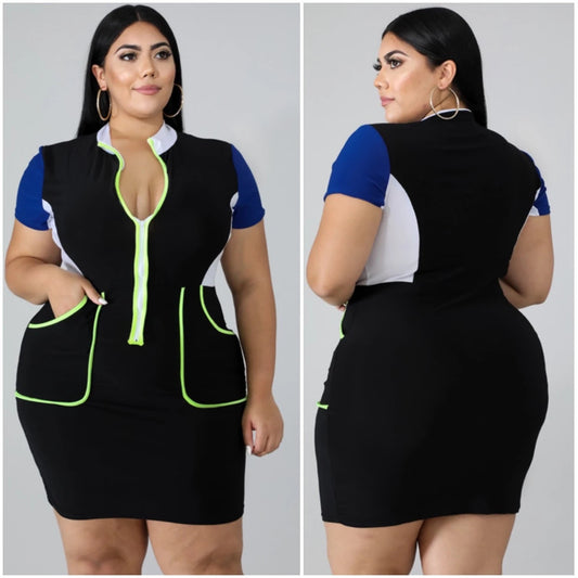 Vestido de mujer de talla grande europeo y americano con combinación de colores