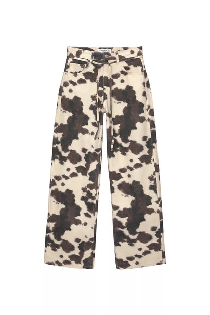Womens Retro Washed Denim Jeans With Cow Print