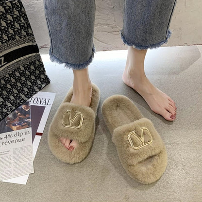 Leisure Plus Size Plush Slippers With Metal Decoration
