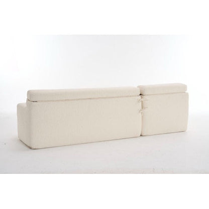 LY-029B WHITE COMPRESSION SOFA Combining Chaise Longue With 3-seater  Wood Grain Chenille Fabric, Full Sponge Compression Sofa,combined Sofa With 2 Pillows For Living Home Furniture
