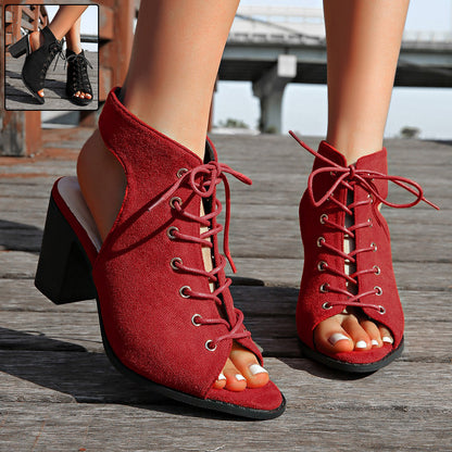 Sandales à talon épais avec lacets, style estival, bout ouvert pour femme