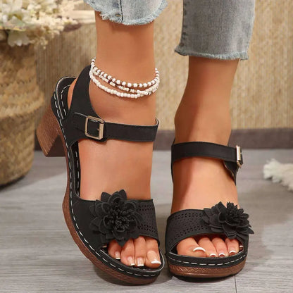 Beige Floral Flowers Chunky Heel Sandals