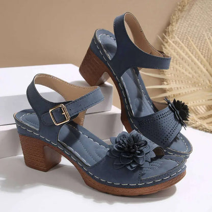 Beige Floral Flowers Chunky Heel Sandals