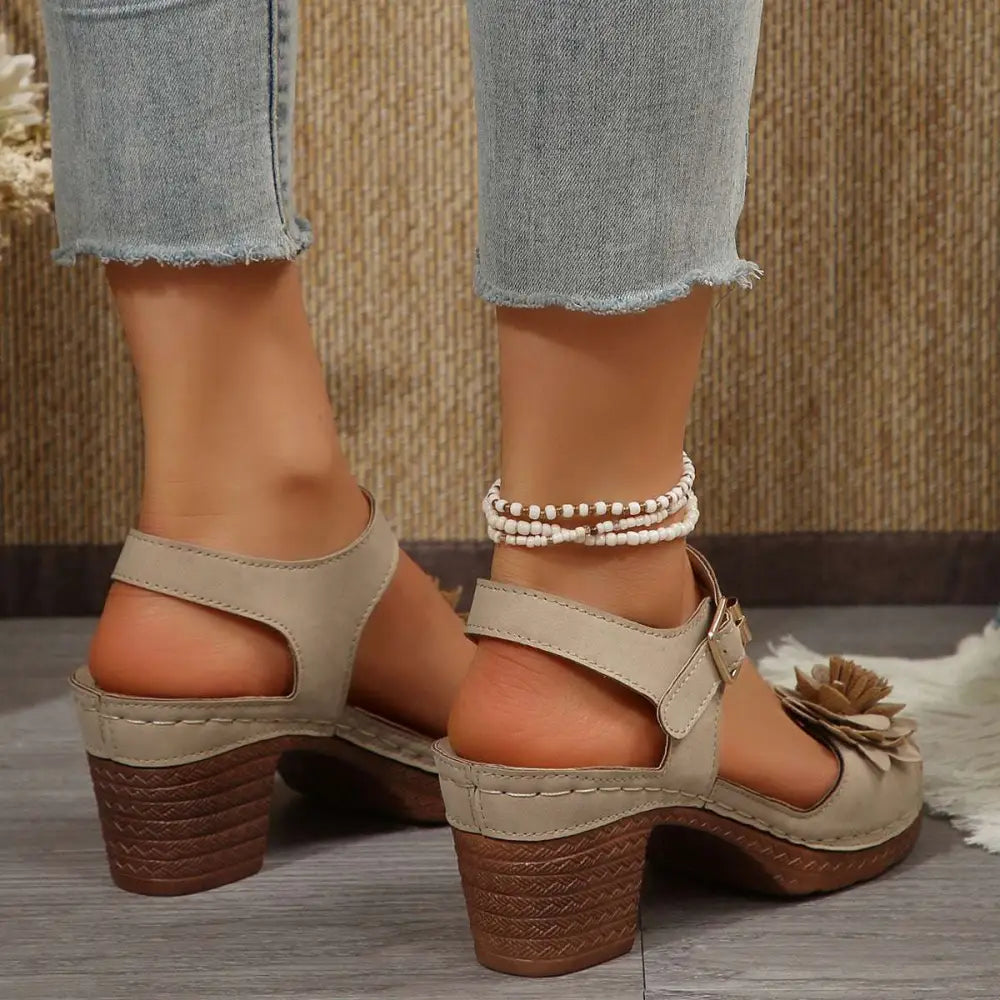 Beige Floral Flowers Chunky Heel Sandals