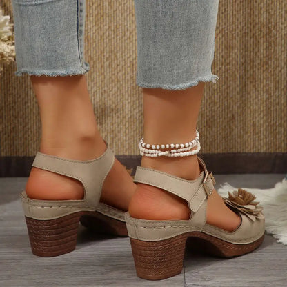 Beige Floral Flowers Chunky Heel Sandals