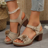 Beige Floral Flowers Chunky Heel Sandals