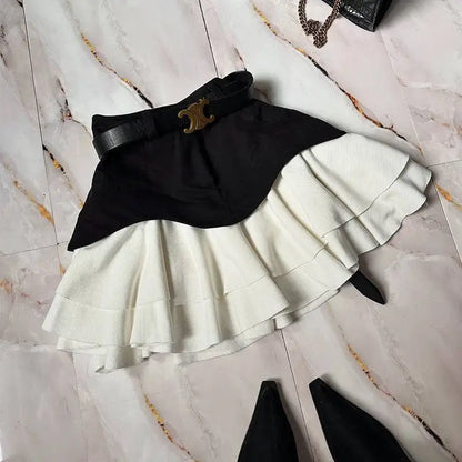 Beige Two Tone Ruffled High Waist Tiered Skirt