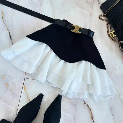 Beige Two Tone Ruffled High Waist Tiered Skirt