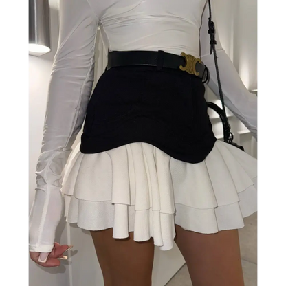 Beige Two Tone Ruffled High Waist Tiered Skirt