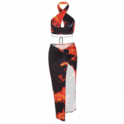 Personalized Printed Sexy Halter Slit Dress