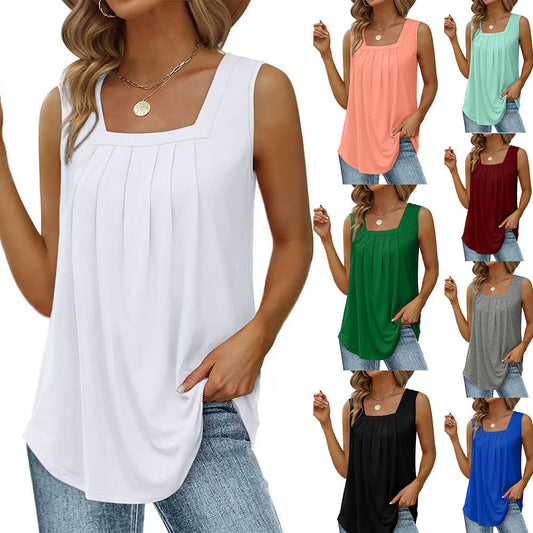 Women’s Pleated Square Neck Sleeveless Tank Top – Loose Fit | S–5XL