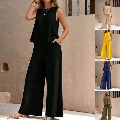 Black Casual Loose Pants Set with Sleeveless Top