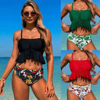 Black Floral Conservative Split Slimming Swimsuit