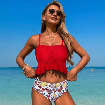 Black Floral Conservative Split Slimming Swimsuit