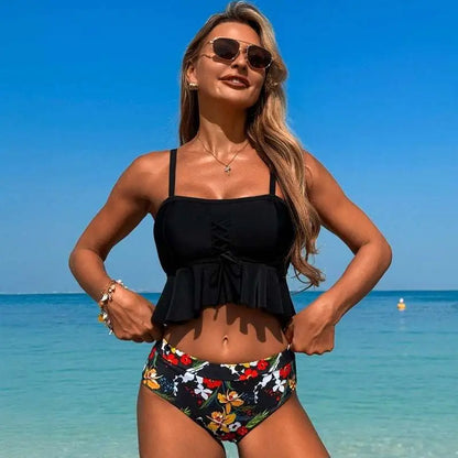 Black Floral Conservative Split Slimming Swimsuit