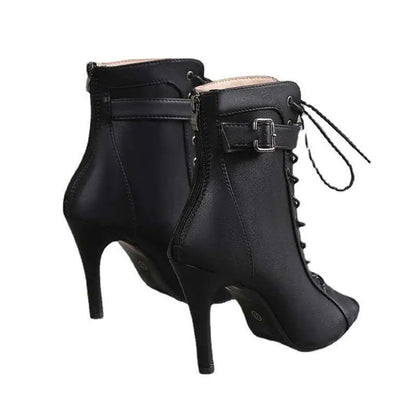 Black Leather Peep Toe High Heel Pumps