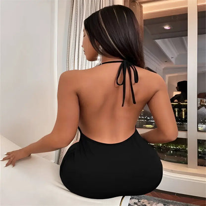 Black Ruched Sling Backless Halter Dress