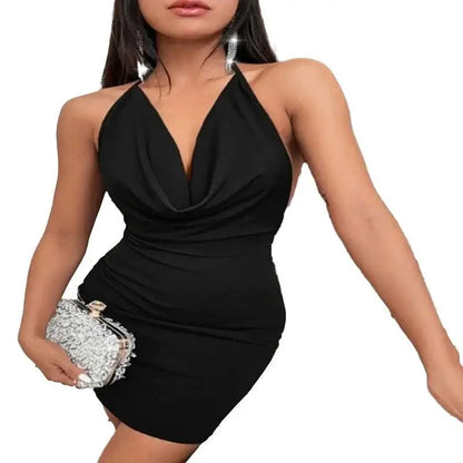 Black Ruched Sling Backless Halter Dress
