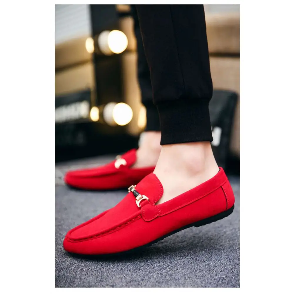 Black Suede Casual Shoes Peas with Gold Buckle