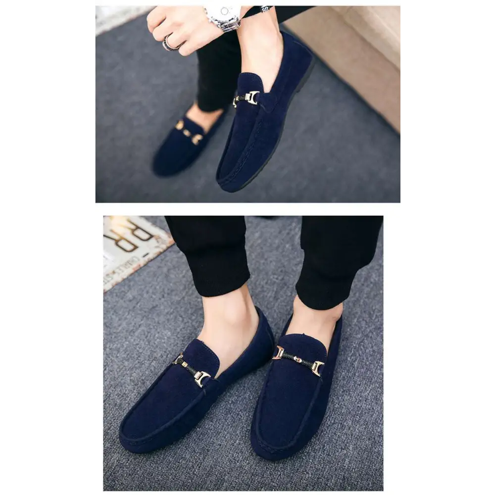 Black Suede Casual Shoes Peas with Gold Buckle