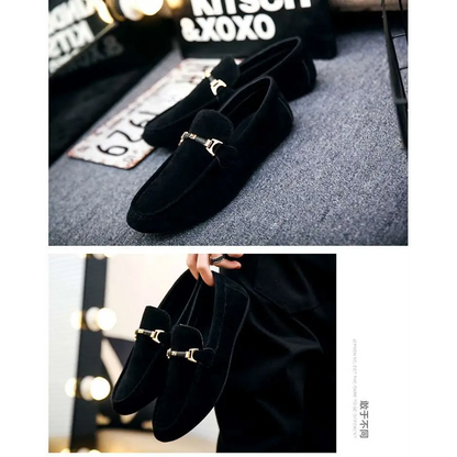 Black Suede Casual Shoes Peas with Gold Buckle