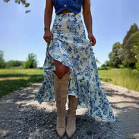 Blue Floral Split Print Pleating Big Hem Skirt