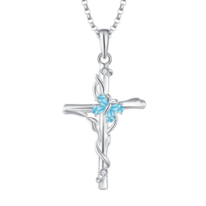 Blue Gemstone Cross Necklace Sterling Silver Women