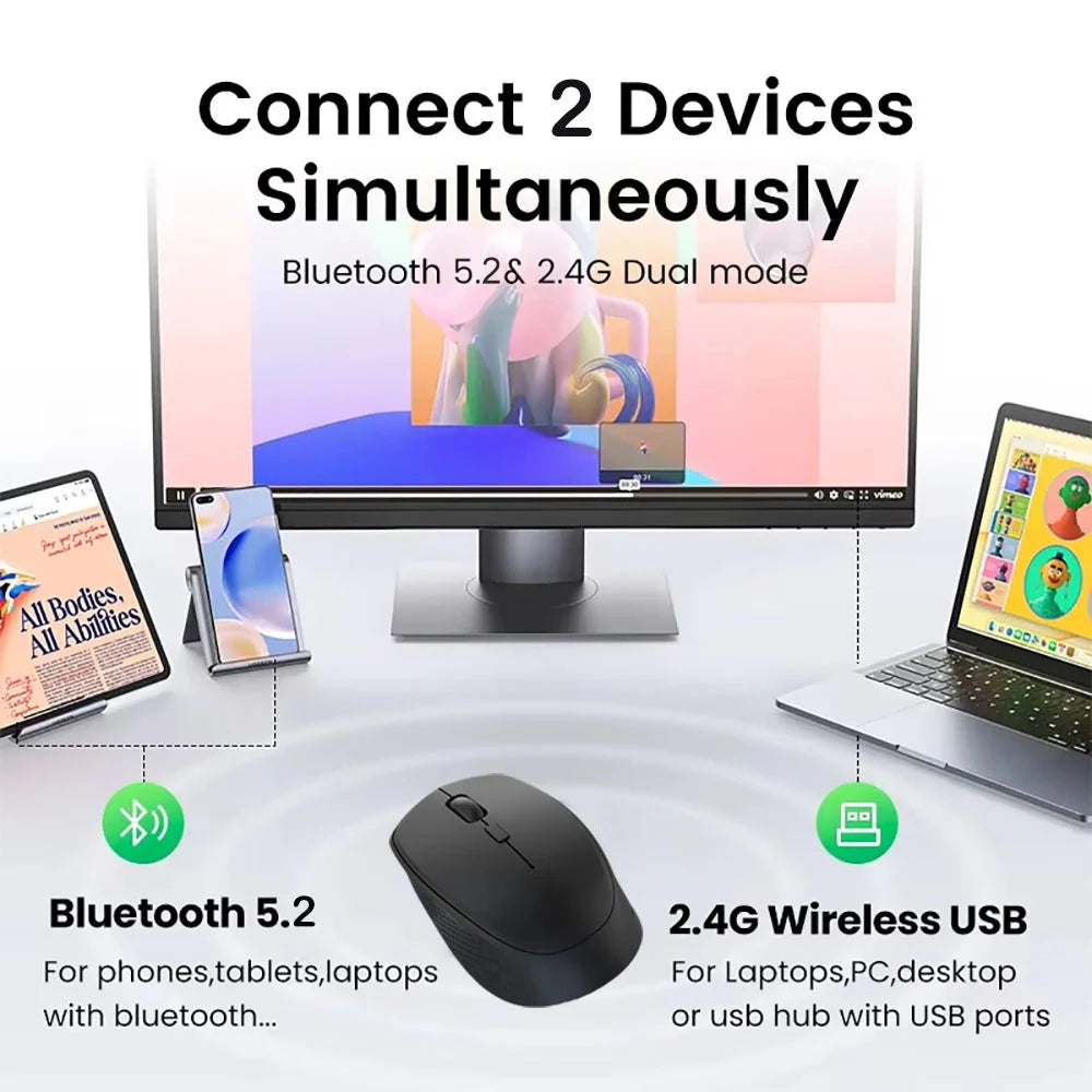 Bluetooth 5.2 + 2.4G Wireless Gaming Mouse – Silent Rechargeable