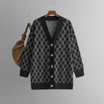V-neck Cardigan Sweater Casual Loose Diamond Plaid Sweater Coat