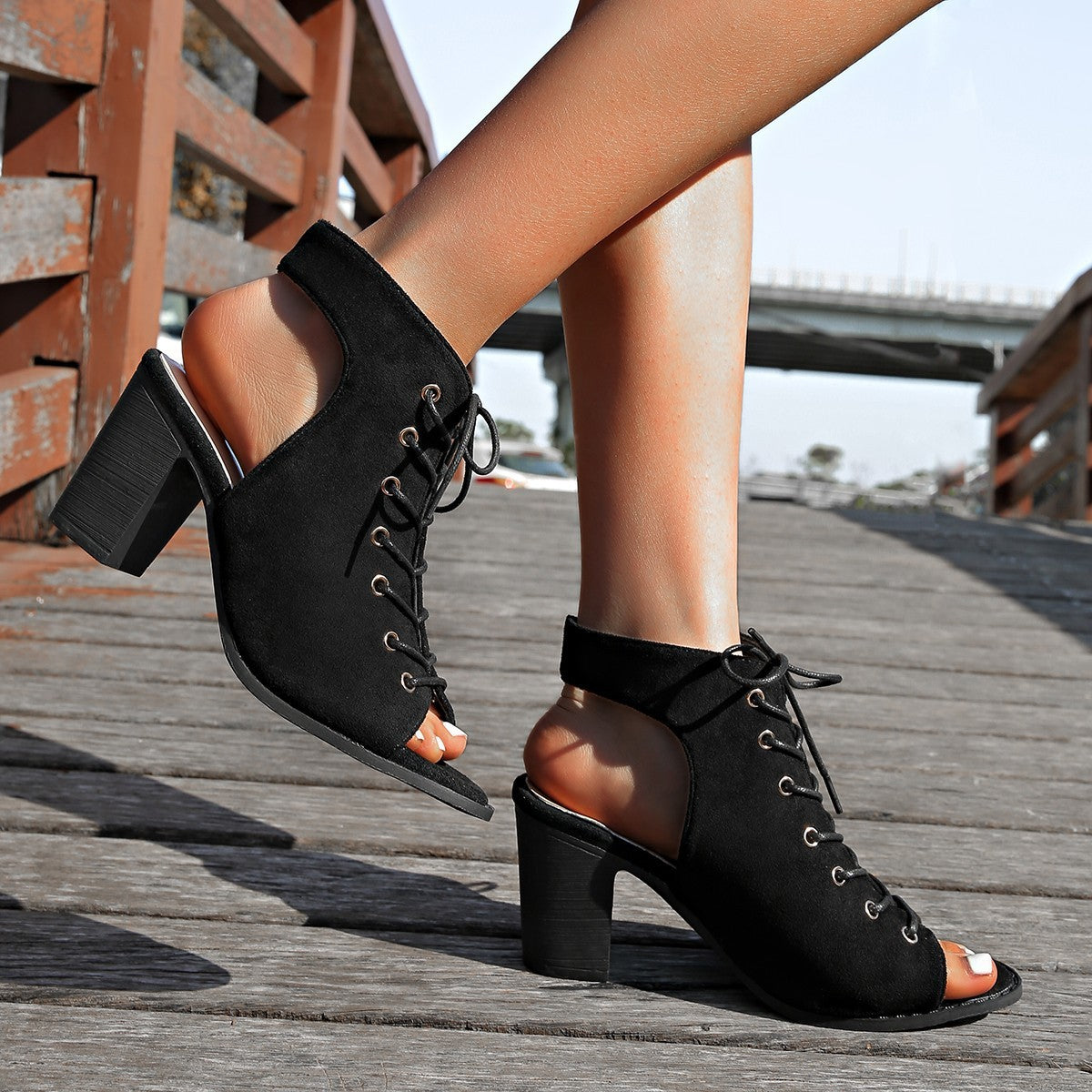 Sandales à talon épais avec lacets, style estival, bout ouvert pour femme